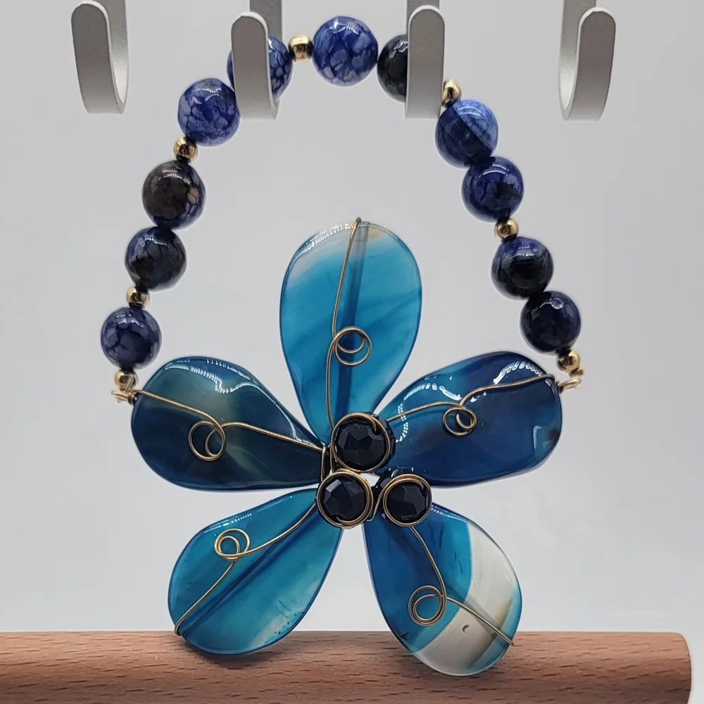 Hand Crafted Blue and Gold Floral Bracelet